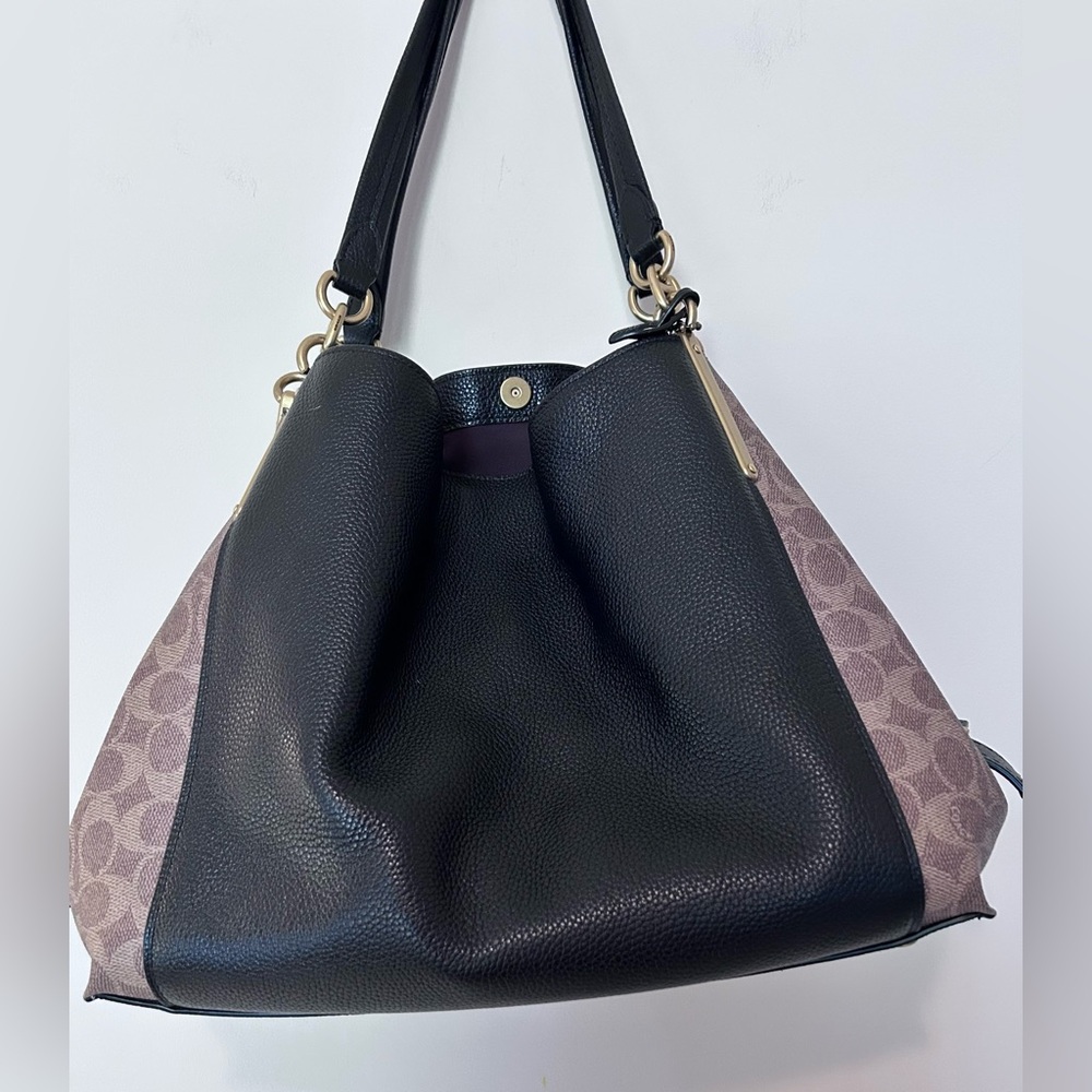 Coach Black Pebbled Leather Shoulder Bag with Taupe Signature Sides